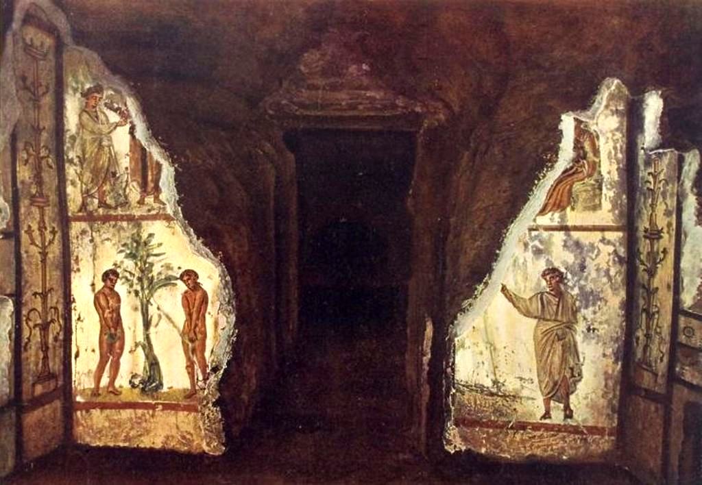 Катакомбы святых Петра и Марцеллина слева — Адам и Ева, справа — Оранта (Иосиф Вильперт, 1903 год)